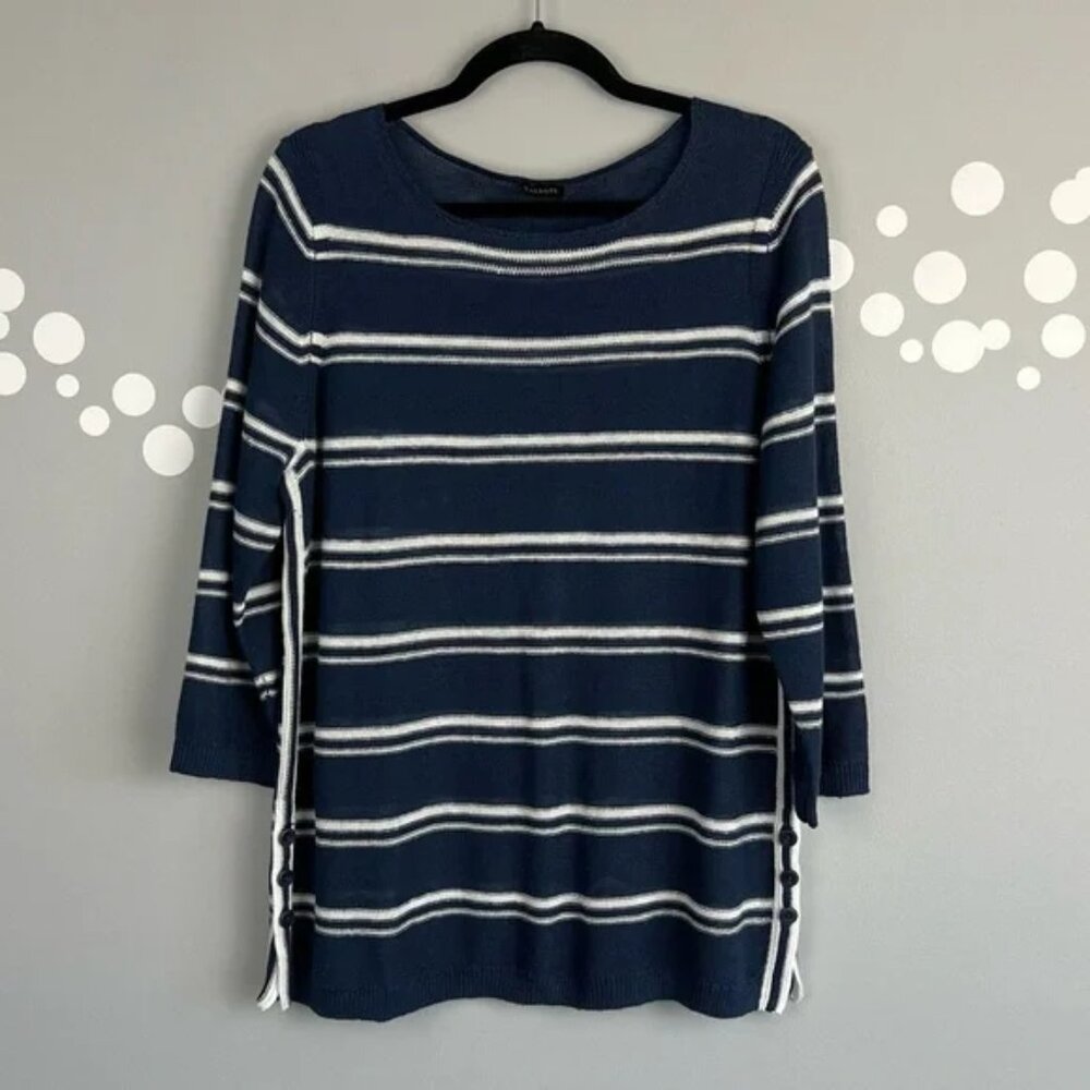 Talbots Linen Stripe Sweater Size L Bateau Neck Navy Side Button 3/4 Sleeve